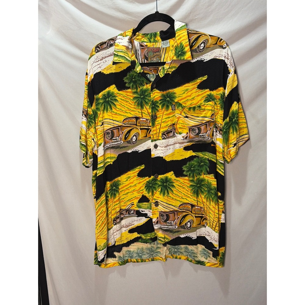 Pineapple Connection Mens Hawaiian Shirt M Yellow Black Woody Surf Car Rayon